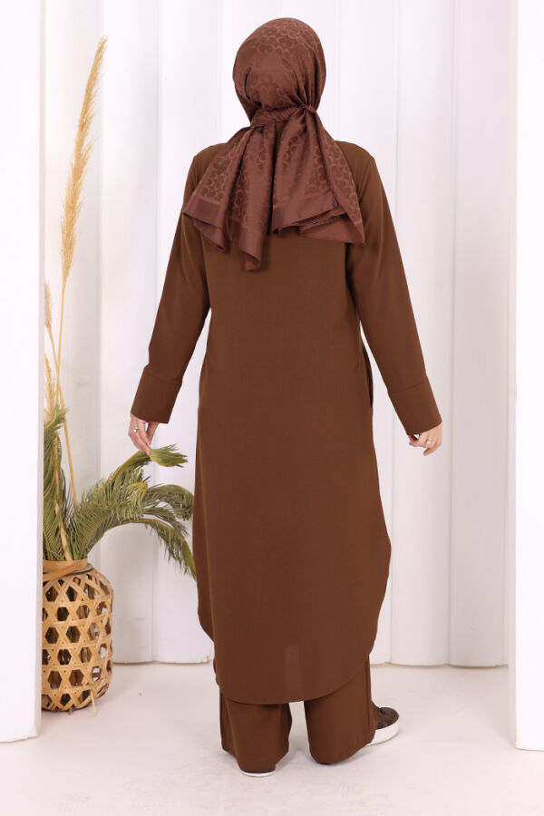 Düğmeli Cepli Tunik ve Pantolon İkili Takım 8682 Kahverengi - 8