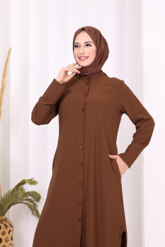 Düğmeli Cepli Tunik ve Pantolon İkili Takım 8682 Kahverengi - 9