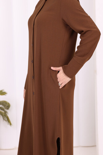 Düğmeli Cepli Tunik ve Pantolon İkili Takım 8682 Kahverengi - 10