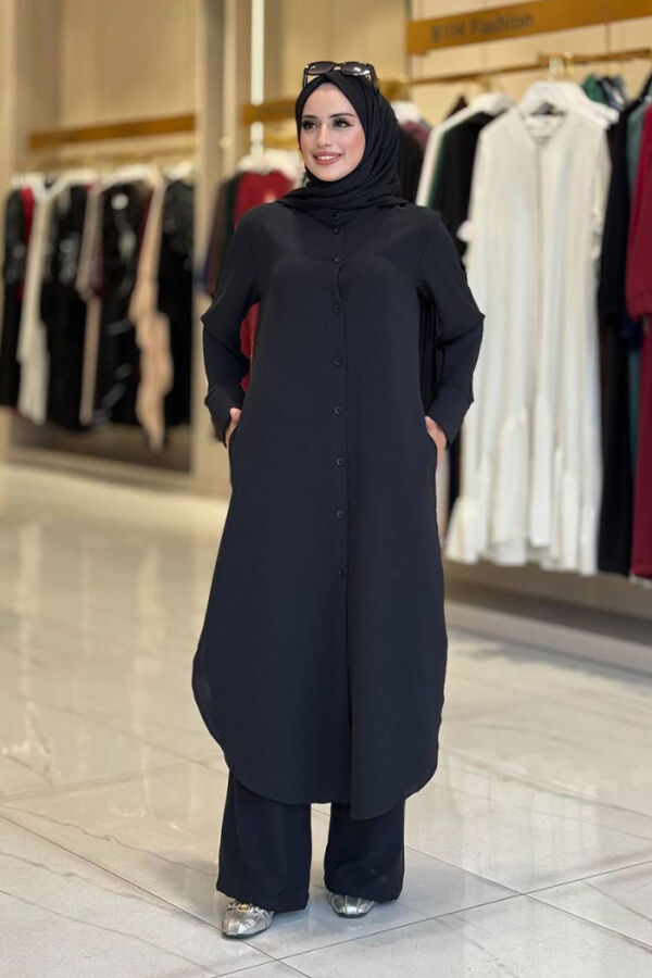 Düğmeli Cepli Tunik ve Pantolon İkili Takım 8682 Siyah - 1