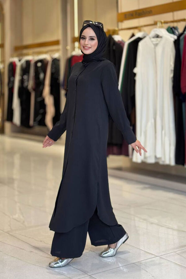 Düğmeli Cepli Tunik ve Pantolon İkili Takım 8682 Siyah - 3
