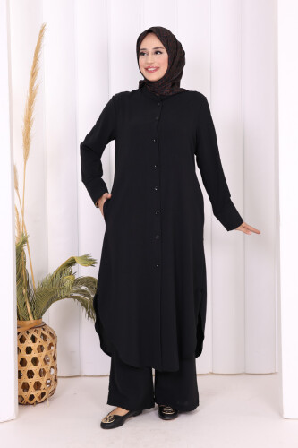 Düğmeli Cepli Tunik ve Pantolon İkili Takım 8682 Siyah - 5