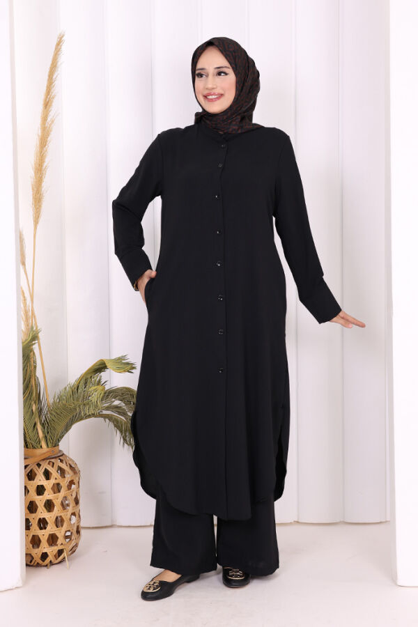 Düğmeli Cepli Tunik ve Pantolon İkili Takım 8682 Siyah - 5
