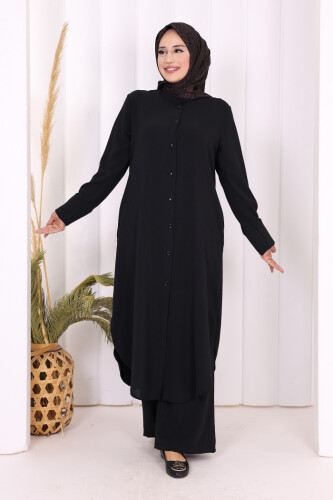 Düğmeli Cepli Tunik ve Pantolon İkili Takım 8682 Siyah - 6