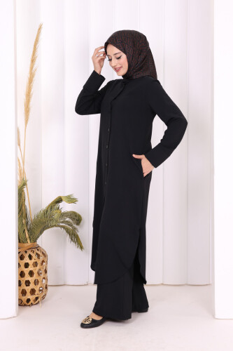 Düğmeli Cepli Tunik ve Pantolon İkili Takım 8682 Siyah - 7