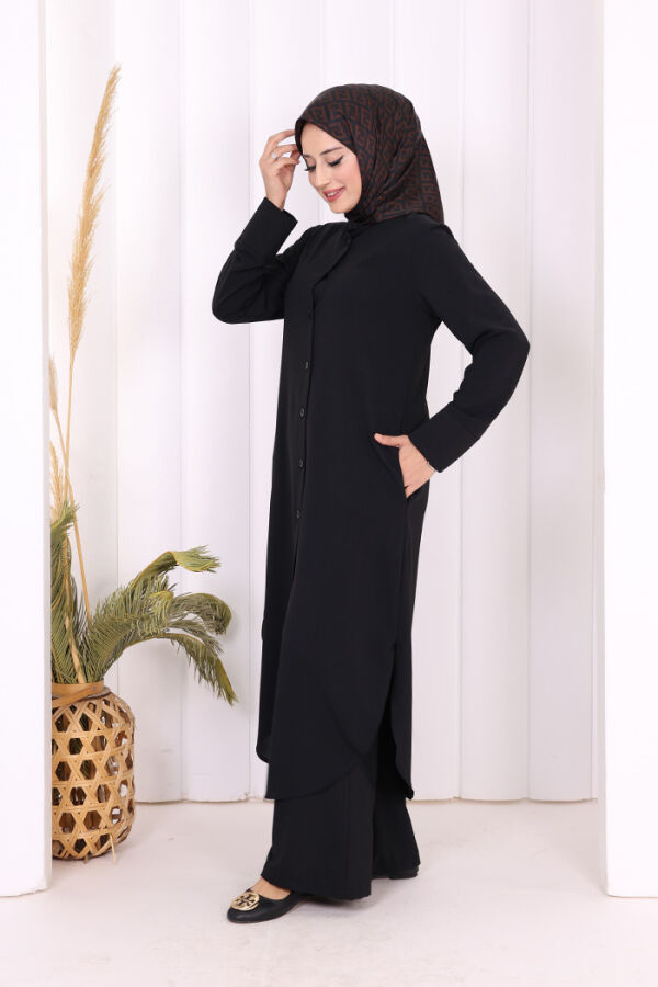Düğmeli Cepli Tunik ve Pantolon İkili Takım 8682 Siyah - 7