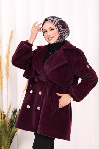 Düğmeli Kaban 70059 Mor - 5