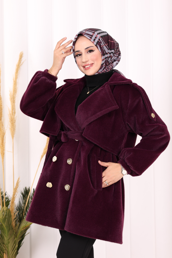 Düğmeli Kaban 70059 Mor - 5