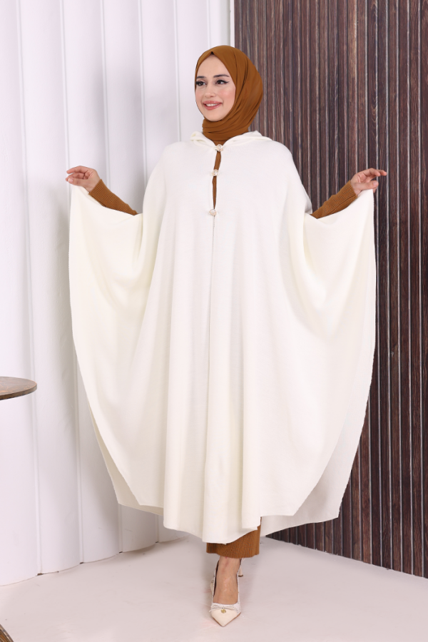 Düğmeli Kapşonlu Triko Panço 18342 Ekru - 1