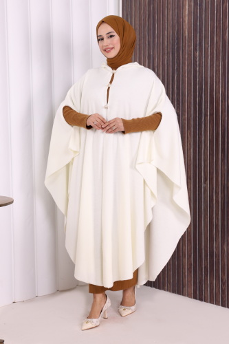 Düğmeli Kapşonlu Triko Panço 18342 Ekru - Bym Fashion (1)