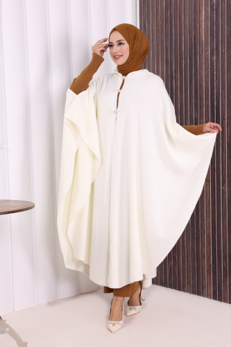 Düğmeli Kapşonlu Triko Panço 18342 Ekru - 3