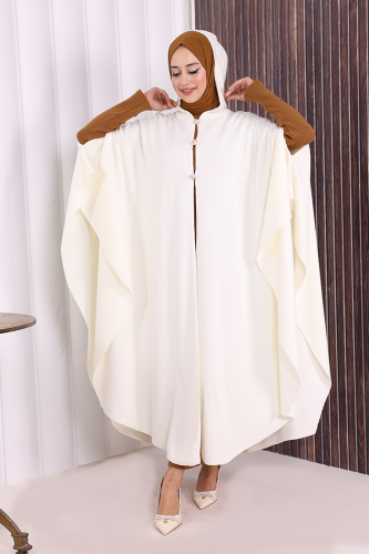 Düğmeli Kapşonlu Triko Panço 18342 Ekru - 5