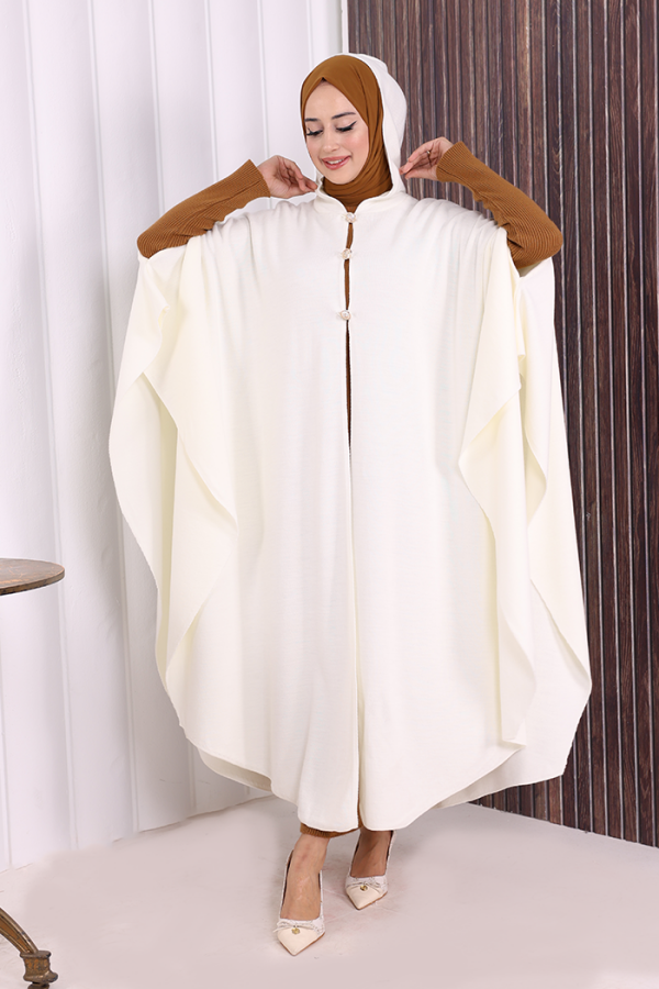 Düğmeli Kapşonlu Triko Panço 18342 Ekru - 5