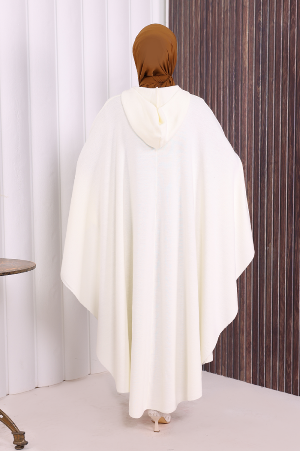 Düğmeli Kapşonlu Triko Panço 18342 Ekru - 6