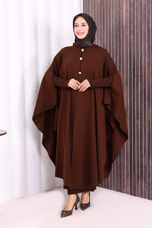 Düğmeli Kapşonlu Triko Panço 18342 Kahverengi - 1