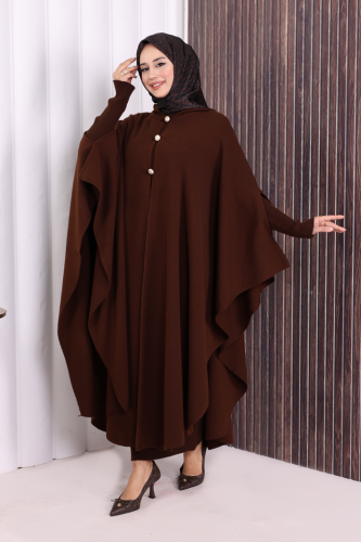 Düğmeli Kapşonlu Triko Panço 18342 Kahverengi - Bym Fashion (1)