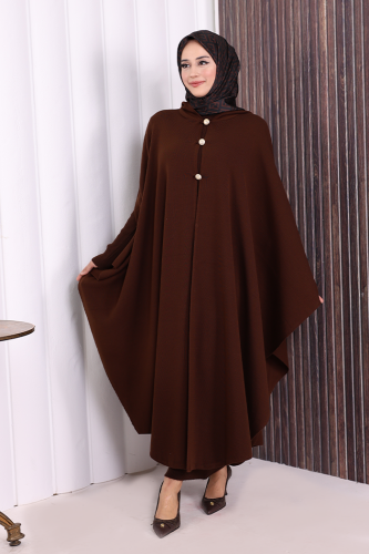 Düğmeli Kapşonlu Triko Panço 18342 Kahverengi - 3