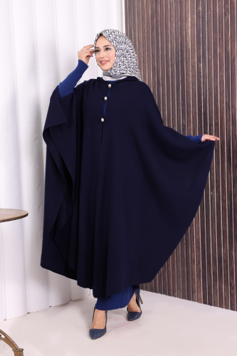 Düğmeli Kapşonlu Triko Panço 18342 Lacivert - Bym Fashion (1)