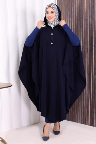 Düğmeli Kapşonlu Triko Panço 18342 Lacivert - 3