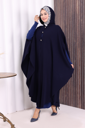 Düğmeli Kapşonlu Triko Panço 18342 Lacivert - 4
