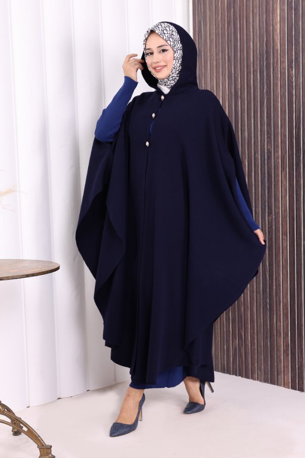 Düğmeli Kapşonlu Triko Panço 18342 Lacivert - 4