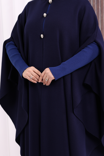 Düğmeli Kapşonlu Triko Panço 18342 Lacivert - 7