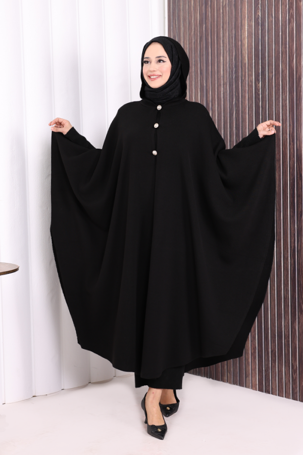 Düğmeli Kapşonlu Triko Panço 18342 Siyah - 1