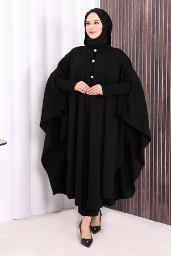 Düğmeli Kapşonlu Triko Panço 18342 Siyah - Bym Fashion (1)
