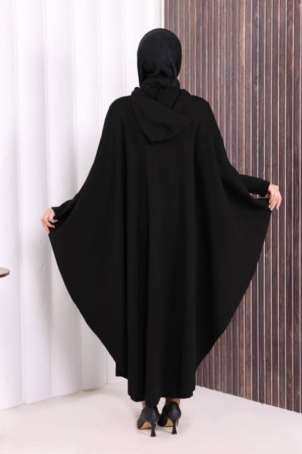 Düğmeli Kapşonlu Triko Panço 18342 Siyah - 4