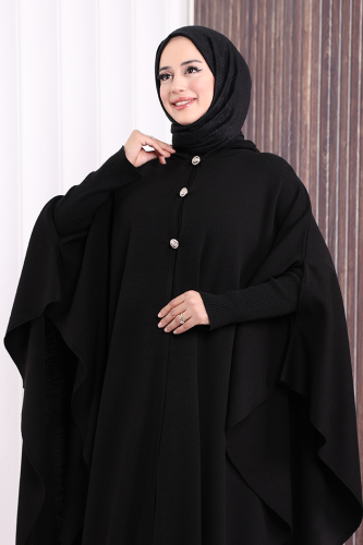 Düğmeli Kapşonlu Triko Panço 18342 Siyah - 5