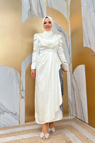 Skirt Tassel Detail Belt Accessory Satin Evening Dress 3763 Ecru - Bym Fashion (1)