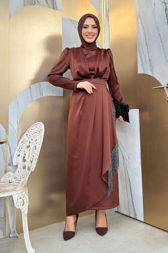 Skirt Tassel Detail Belt Accessory Satin Evening Dress 3763 Brown - Bym Fashion