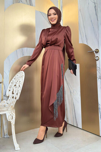 Skirt Tassel Detail Belt Accessory Satin Evening Dress 3763 Brown - Bym Fashion (1)