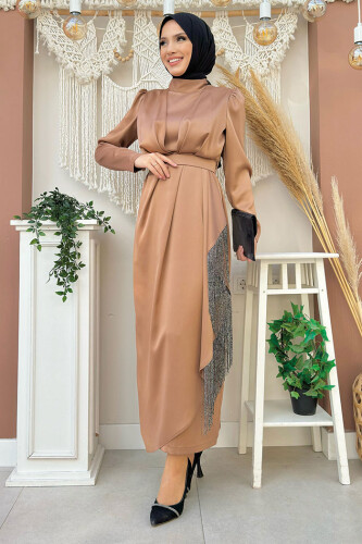 Etek Püskül Detay Kemer Aksesuarlı Saten Abiye Elbise 3763 Taba - Bym Fashion (1)