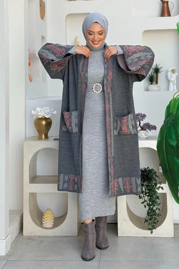 Etnik Desenli Cepli Triko Hırka 12003 Füme - 5