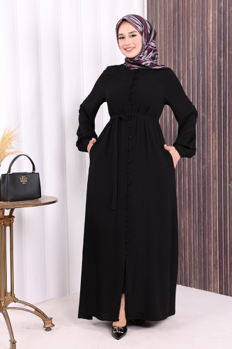 Boydan Düğmeli Ferace 6056 Siyah - Bym Fashion (1)