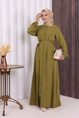 Boydan Düğmeli Ferace 6056 Yağ Yeşili - Bym Fashion (1)