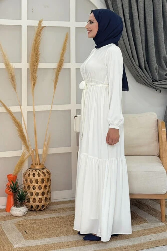 Fermuarlı Kol Manşetleri Lastikli Fırfırlı Elbise 6001 Ekru - Bym Fashion (1)