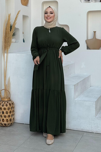 Fermuarlı Kol Manşetleri Lastikli Fırfırlı Elbise 6001 Haki - Bym Fashion