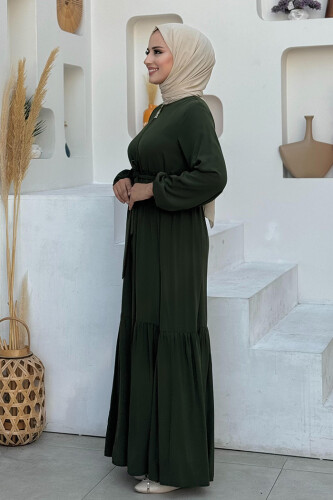 Fermuarlı Kol Manşetleri Lastikli Fırfırlı Elbise 6001 Haki - Bym Fashion (1)