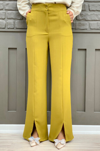Zipper Slit Detailed Pocket Crepe Trousers 0271 Mustard - Bym Fashion