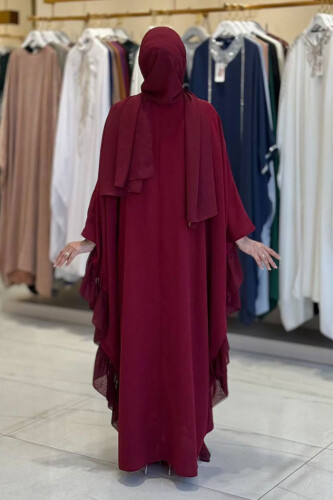 Fırfırlı Taş Detaylı Elbise 3936 Bordo - Bym Fashion (1)
