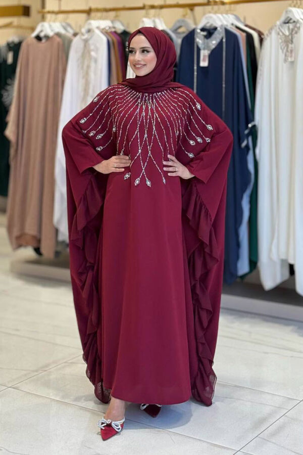 Fırfırlı Taş Detaylı Elbise 3936 Bordo - 1