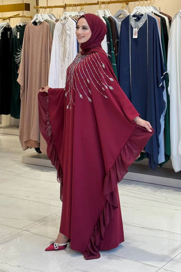 Fırfırlı Taş Detaylı Elbise 3936 Bordo - 3