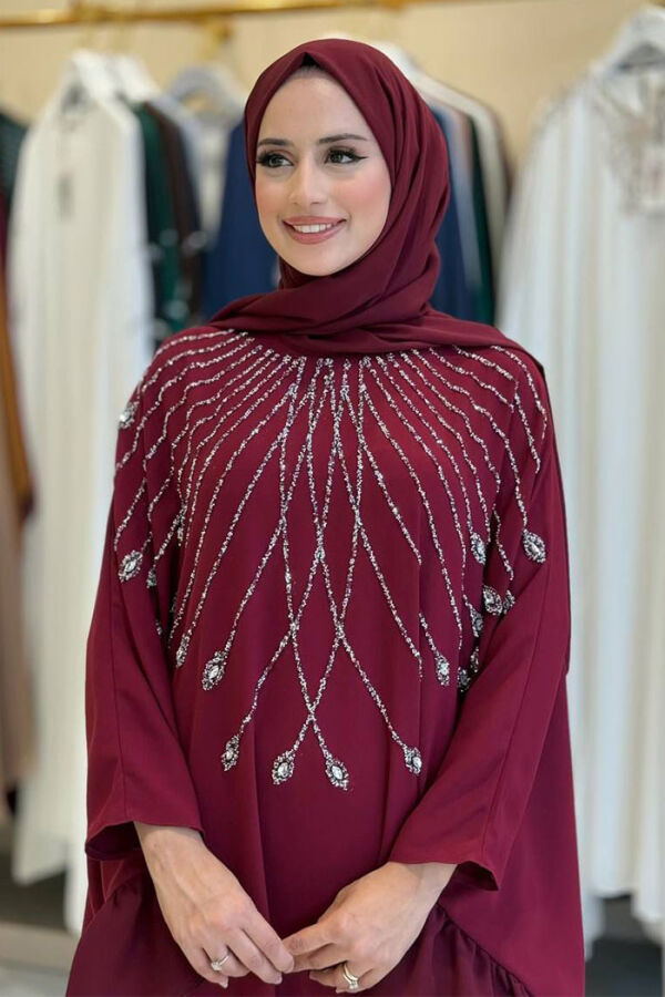 Fırfırlı Taş Detaylı Elbise 3936 Bordo - 4
