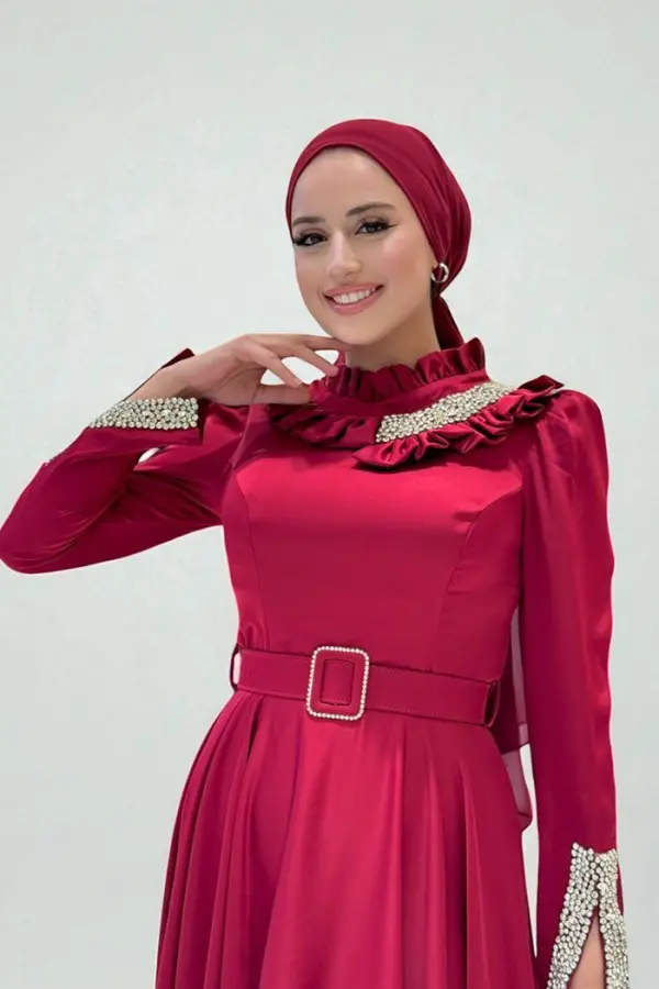 Fırfırlı Taş Detaylı Kemer Aksesuarlı Saten Abiye Elbise 1155 Bordo - 4