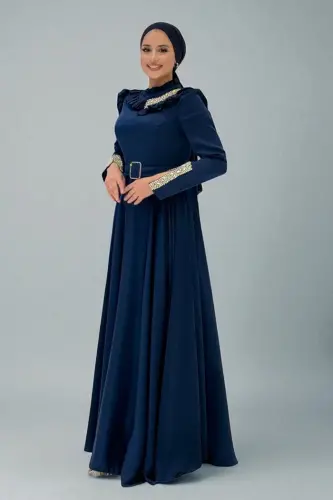 Fırfırlı Taş Detaylı Kemer Aksesuarlı Saten Abiye Elbise 1155 Lacivert - Bym Fashion (1)