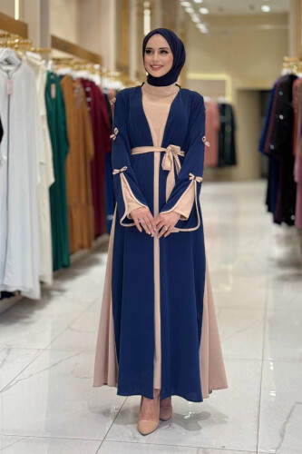 Fiyonk Detaylı Abaya Elbise Takım 3955 Lacivert - 1