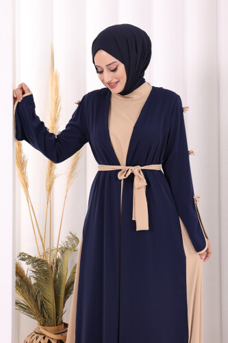 Fiyonk Detaylı Abaya Elbise Takım 3955 Lacivert - 8