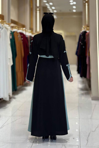 Fiyonk Detaylı Abaya Elbise Takım 3955 Siyah-Mint - Bym Fashion (1)